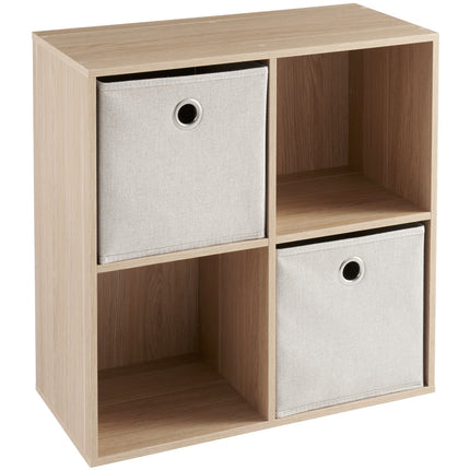 4-cube oak storage unit with 2 light fabric baskets.