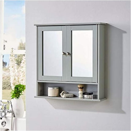 Bathroom Slim Double Door Mirrored Cabinet Wooden - Grey