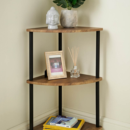 3 Tier Corner Shelf Unit Living Room Furniture - Rustic Oak