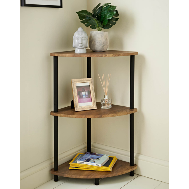 3 Tier Corner Shelf Unit Living Room Furniture - Rustic Oak