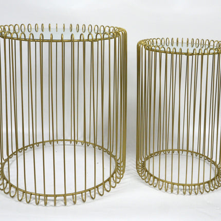 Nesting Table Set of 2 Round End Cage Tables - Gold