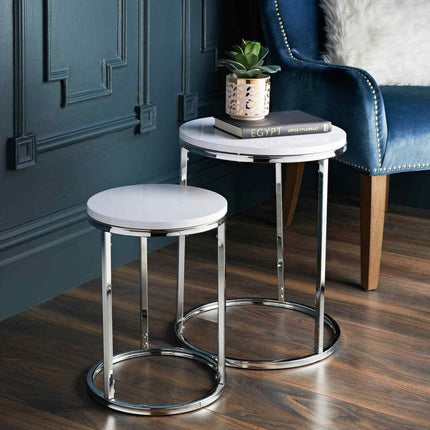 Nest of 2 Round Chrome Side End Tables - White