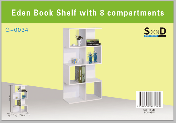 Modern 4 Tier Eden Style Book Shelf With 8 Compartments - White