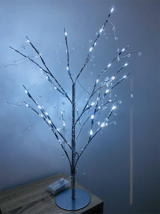 70cm Pre-Lit Jewelled Glitter Twig Tree Silver Christmas Decorations