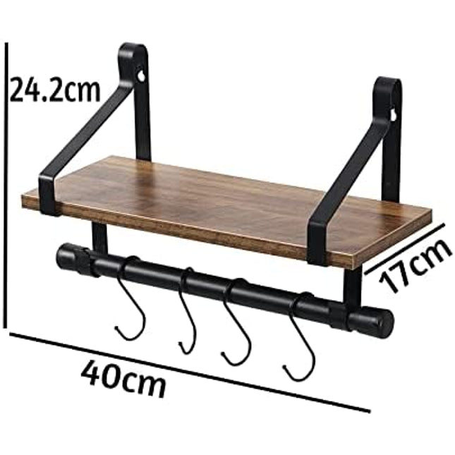 Rectangle Floating Hanging Shelf with Hooks- Rustic