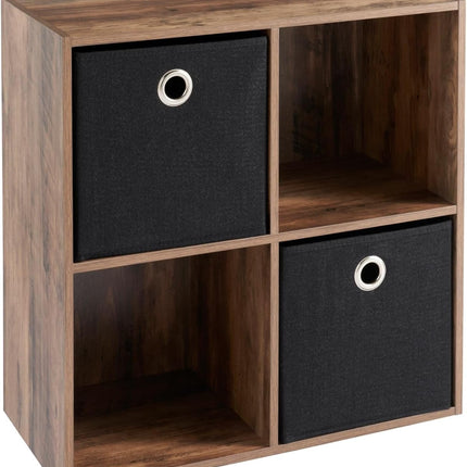4-cube storage organizer shelf with 2 black fabric baskets