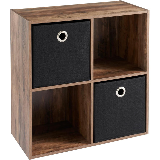 4-cube storage organizer shelf with 2 black fabric baskets