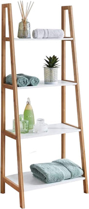 4 Tier Ladder Shelf Shelving Unit White Shelves with Oak Frame