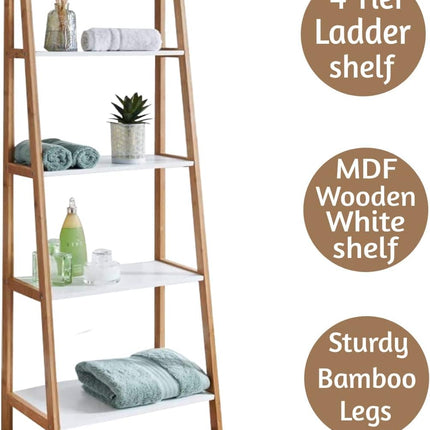 4 Tier Ladder Shelf Shelving Unit White Shelves with Oak Frame