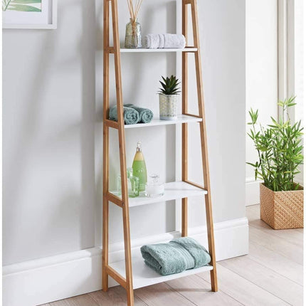 4 Tier Ladder Shelf Shelving Unit White Shelves with Oak Frame