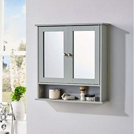 Bathroom Slim Double Door Mirrored Cabinet Wooden - Grey