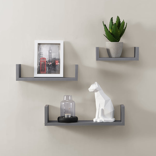 U Shape Set of 3 Wall Floating Shelf - Grey