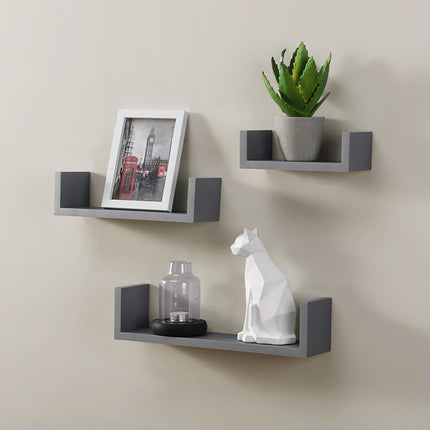 U Shape Set of 3 Wall Floating Shelf - Grey
