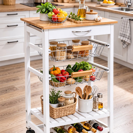 4 Tier 1 Drawer New Ceramic Tiled Top Kitchen Trolley - Honey