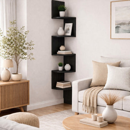 5 Tier Corner Shelves Wall Floating Shelf - Black