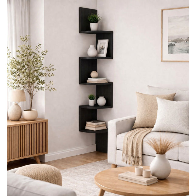 5 Tier Corner Shelves Wall Floating Shelf - Black