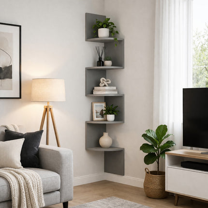 Lucca 5 Tier Wall Mounted Corner Shelf - Grey