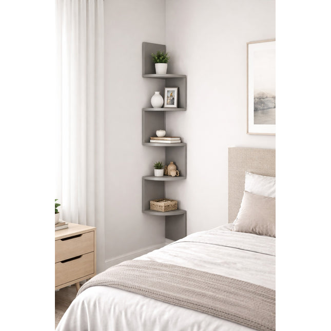 Lucca 5 Tier Wall Mounted Corner Shelf Grey Storage Display Shelving Unit