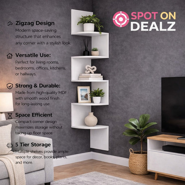 5 Tier Corner Shelves Wall Floating Shelf - White