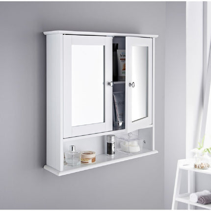 Bathroom Slim Double Door Mirrored Cabinet Wooden - White