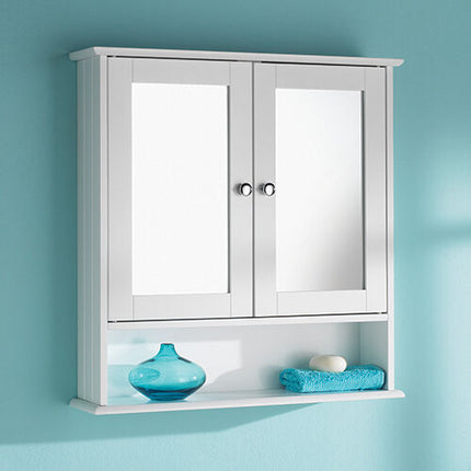 Bathroom Slim Double Door Mirrored Cabinet Wooden - White