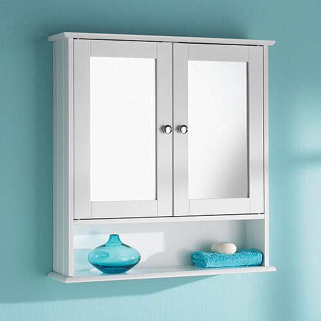 Bathroom Slim Double Door Mirrored Cabinet Wooden - White