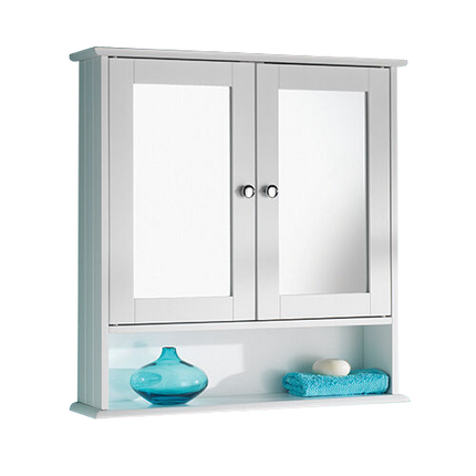 Bathroom Slim Double Door Mirrored Cabinet Wooden - White