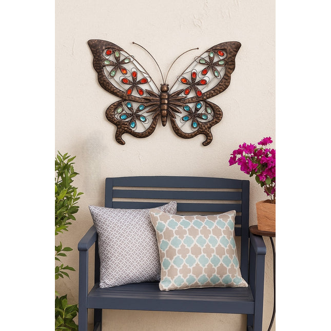 Solar Powered Metal Jewelled Butterfly Garden Wall Art Decoration LED Light