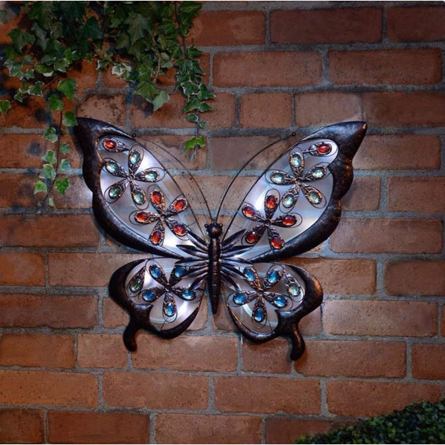 Solar Powered Metal Jewelled Butterfly Garden Wall Art Decoration LED Light