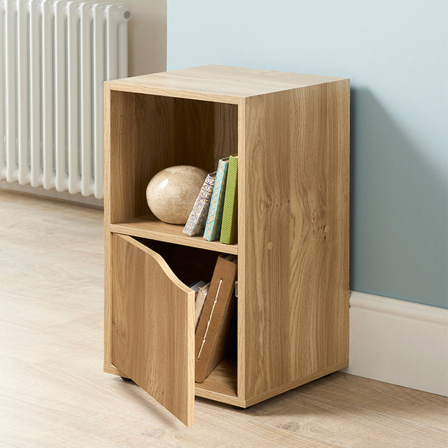 Oak 2 Cube Bookcase Shelving Unit with 1 Door Storage Display Cabinet