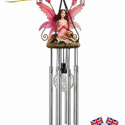 Wind Chimes Fairy Hanging Solar Powered LED Crackle Ball - Pink