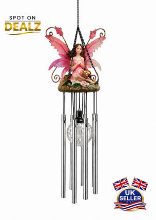 Wind Chimes Fairy Hanging Solar Powered LED Crackle Ball - Pink