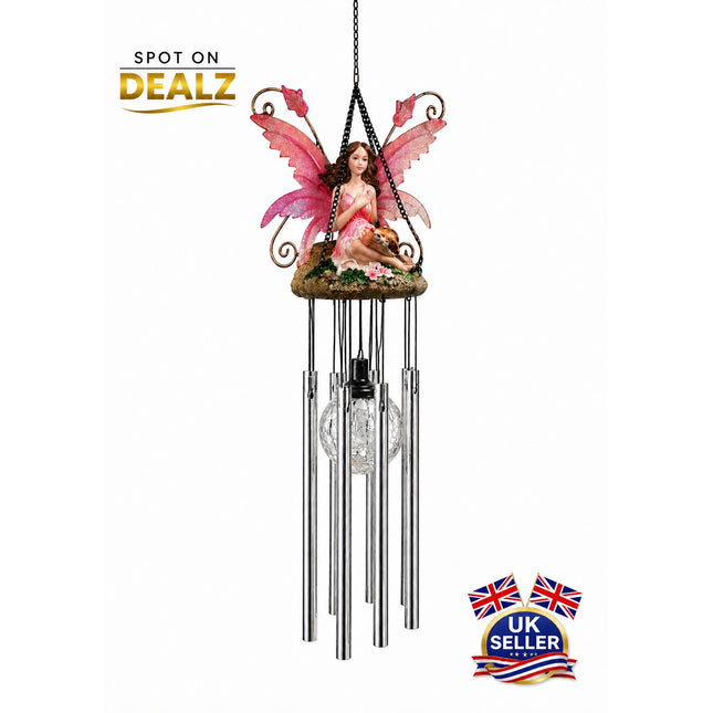 Wind Chimes Fairy Hanging Solar Powered LED Crackle Ball - Pink