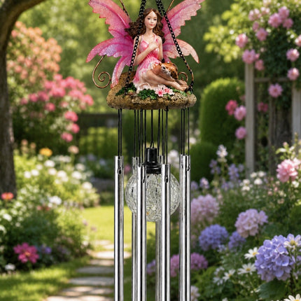 Wind Chimes Fairy Hanging Solar Powered LED Crackle Ball - Pink
