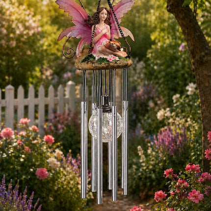Wind Chimes Fairy Hanging Solar Powered LED Crackle Ball - Pink