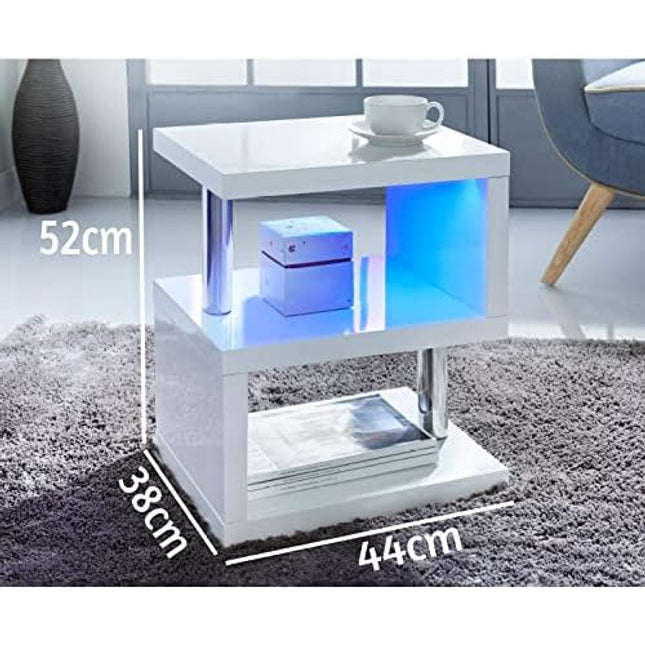 High Gloss 2 Tier Side/Coffee Table With LED Light Living Room Decor-White