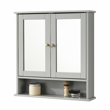 Bathroom Slim Double Door Mirrored Cabinet Wooden - Grey