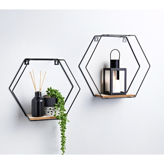 spot on dealz® Set of 2 Metal Wired Hexagon Wall Floating Shelves Elegant Design Fully Assembled Display Unit (Black)