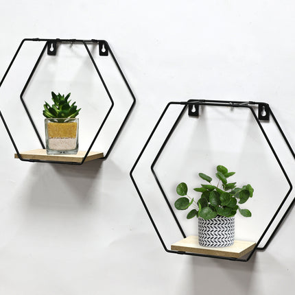 spot on dealz® Set of 2 Metal Wired Hexagon Wall Floating Shelves Elegant Design Fully Assembled Display Unit (Black)