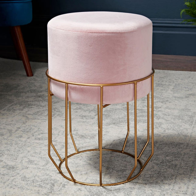 Blush Faux Sheepskin Footstool White Fur Ottoman Round Stool with Wooden Legs