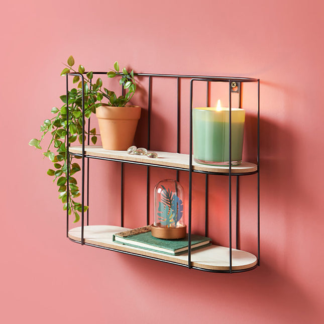 2 Tier Floating Wall Shelf Gold Metal MDF Storage Display Shelving Unit