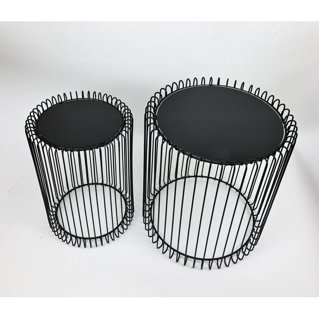 Set of 2 Nesting Side Tables Cage Black Metal Coffee End Tables Living Room Bedroom