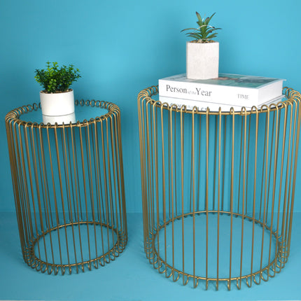 Nesting Table Set of 2 Round End Cage Tables - Gold