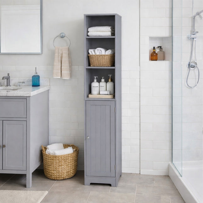 Bathroom Storage Cabinet Tallboy Narrow Cupboard - Grey