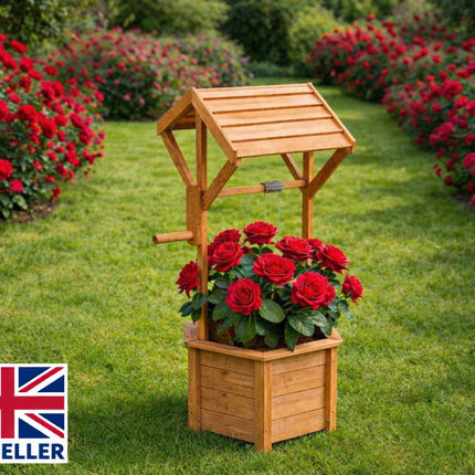 Wishing Well Planter Free Standing Plant Troughs Barrel Outdoor Display Flower Ornament Lawn Porch Decor Wooden Design Decorative Garden Feature