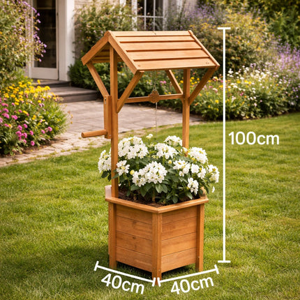 Wishing Well Planter Free Standing Plant Troughs Barrel Outdoor Display Flower Ornament Lawn Porch Decor Wooden Design Decorative Garden Feature