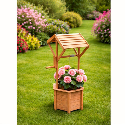 Wishing Well Planter Free Standing Plant Troughs Barrel Outdoor Display Flower Ornament Lawn Porch Decor Wooden Design Decorative Garden Feature