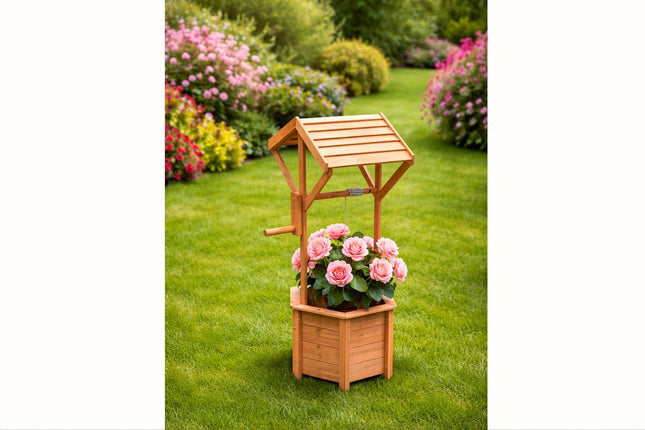 Wishing Well Planter Free Standing Plant Troughs Barrel Outdoor Display Flower Ornament Lawn Porch Decor Wooden Design Decorative Garden Feature