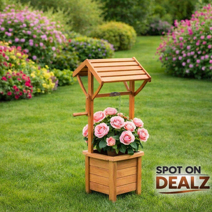 Wishing Well Planter Free Standing Plant Troughs Barrel Outdoor Display Flower Ornament Lawn Porch Decor Wooden Design Decorative Garden Feature
