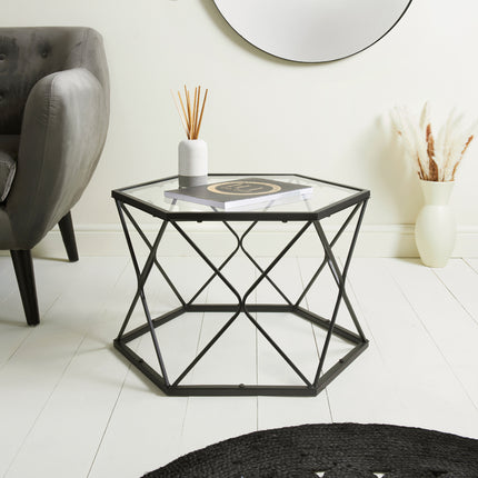 Hexagon Coffee Table With Glass Top-Black